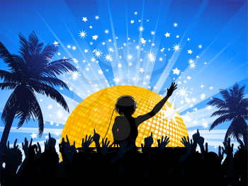 Royalty Free Clipart Image of a DJ and Crowd in a Tropical Scene 