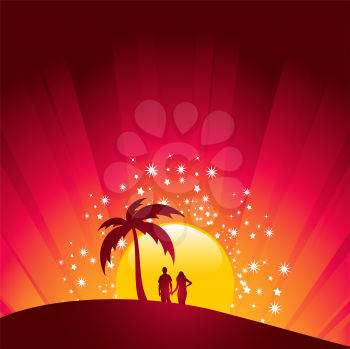 Royalty Free Clipart Image of a Couple in a Tropical Setting