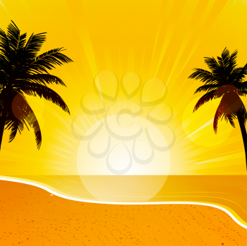 Royalty Free Clipart Image of a Tropical Sunset Beach Scene