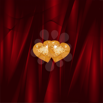 Royalty Free Clipart Image of Sparkling Gold Hearts on a Red Silk Background