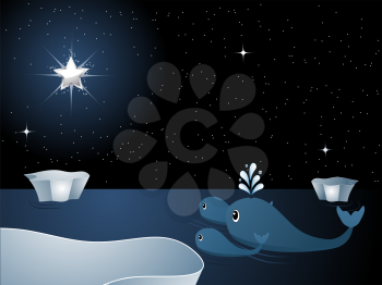 Royalty Free Clipart Image of Cartoon Whales Looking at a Glowing Star 