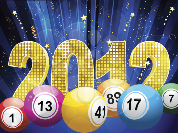 bingo or lottery balls with 3d sparkling 2012 and streamers on a blue star burst background