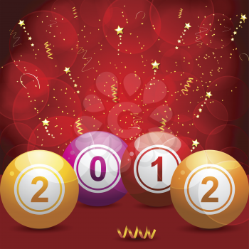2012 bingo lottery balls on red glowing background with gold streamers and stars