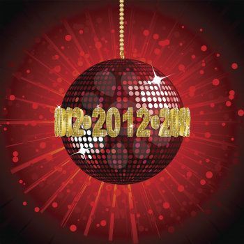 sparkling red disco ball with 2012 wrapped around the centre on a bursting red background