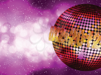 Sparkling gold disco ball with 2012 sign on a glowing purple background