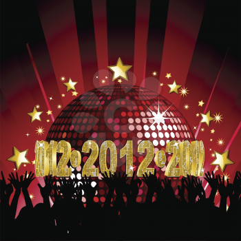sparkling red disco ball with gold 2012 sign with crowd partying