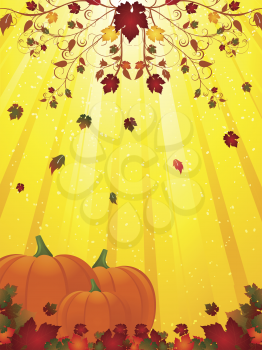 Pumpkins and autumn leaves on a golden starburst background