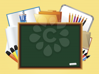 Black board surrounded by folders, books, white, board, pencils and other school based stationery items