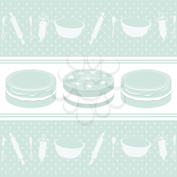 Baking background with cakes and equipment on a polka-dot background