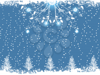 Christmas trees and winter flourish on a blue landscape background