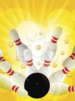 Bowling strike on a yellow starburst background with gold stars