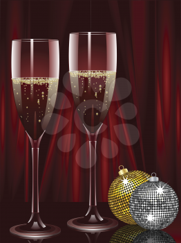 Two champagne filled flutes with two Christmas baubles on a red background