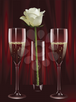 white rose in a glass vase between two glasses of champagne against a red background