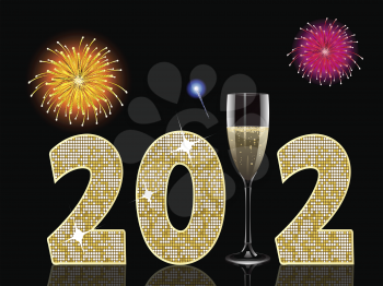 new year background with champagne glass and fireworks