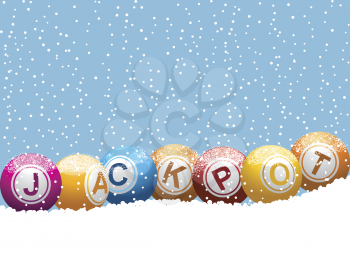Snow capped bingo or lottery balls on a snowy Christmas background