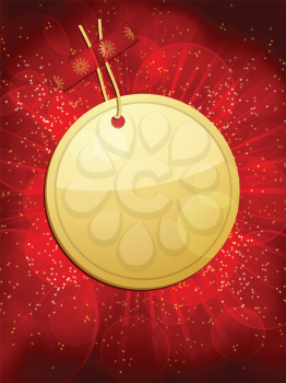 gold Christmas gift tag taped to a glowing red background