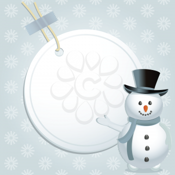Christmas background with snowman indicating white label with space for message on a blue snowflacke background