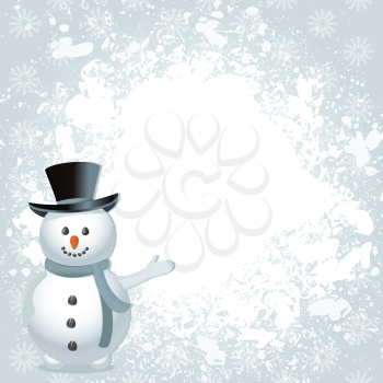 Christmas background with happy snowman indicating a grunge white area for message on a blue snowflake background