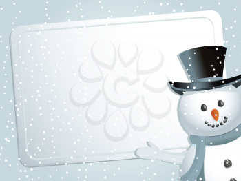 Christmas background with snowman indicating white label with space for message on a blue snowflacke background
