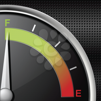 fuel gauge with needle pointing to full on a black metallic background