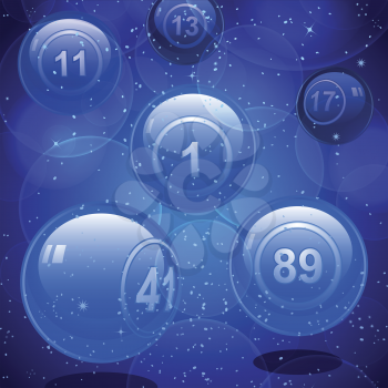 glass bingo or lottery balls on a sparkling blue background