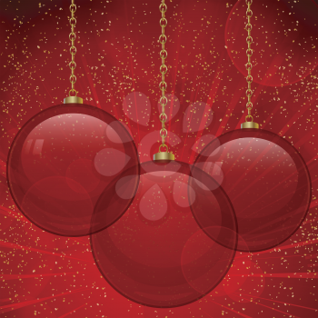 red glass baubles on a red starburst background with glitter