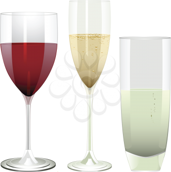 wine, champagne and water glasses on a white background