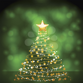 Gold Christmas tree with star on a glowing green background