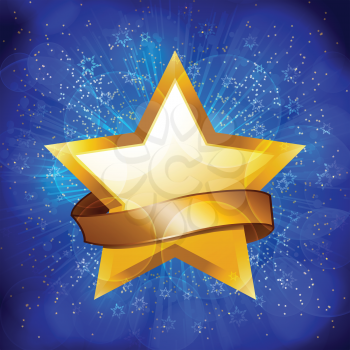 Gold celebration star and banner on a sparkling blue background