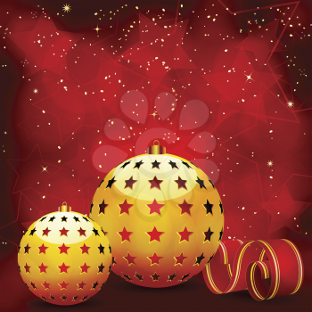 Gold Christmas baubles on a red star filled background