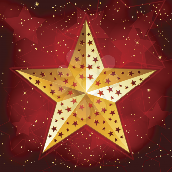 Gold Christmas star and sparkles on a red background
