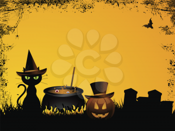 Halloween background with witch's cat, cauldron and pumpkin