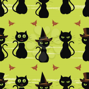 Halloween black cats and bats on a repeatable green background