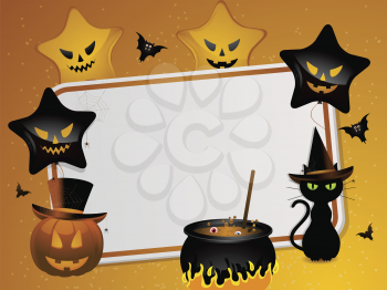 halloween background with area for message and pumpkin, black cat, cauldron, bats and balloons