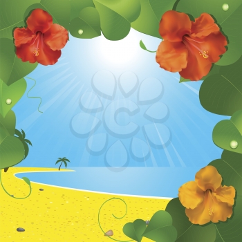 Tropical beach scene viewd through a hisbiscus flower and leaf border