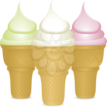 Ice cream cones filled with mint, strawberry and vanilla ice cream