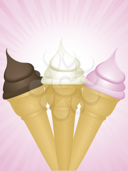 Ice cream cones with chocolate, vanilla and strawberry ice cream on a pink background