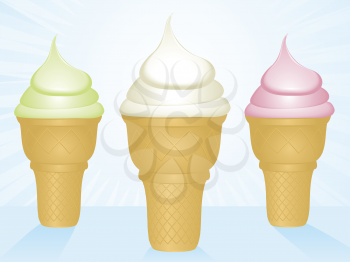Vanilla, mint and strawberry ice creams on a blue background