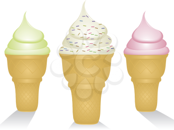Ice cream cones with vanilla, mint and strawbery ice cream