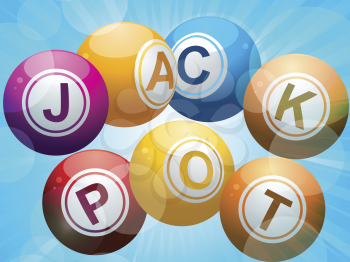 lottery or bing balls spelling the word 'jackpot' on a starburst blue background