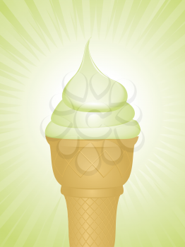 Ice cream cone filled with mint ice cream on a green background