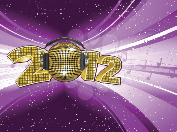 Sparkling gold disco ball and headphones on a 2012 mosaic sign