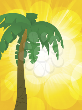 Palm tree on a glowing yellow vector background