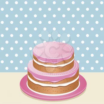 Pink iced cake on a pink serving plate against a blue polka dot background