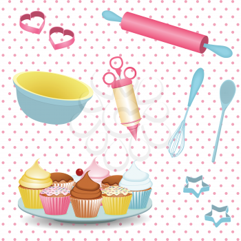 retro baking equipment and cupcakes on a polka dot background