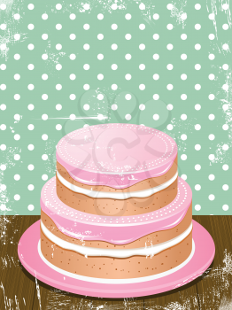 Cake with pink icing on a wooden table agains a green polka dot background and distressed grunge effect
