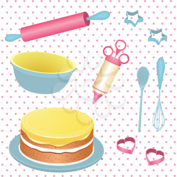 retro baking equipment and cake with yellow icing on a pink polka dot background