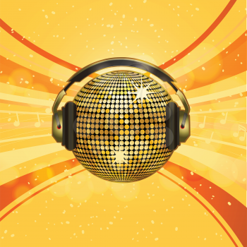 Gold disco ball with headphones on starburst background and glows
