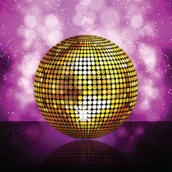 Gold disco ball reflected on a glossy surface against a glowing purple background