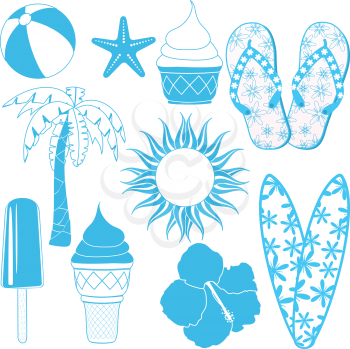 Set of blue summer design objects such as surf boards, flipflops, ice cream and palm trees